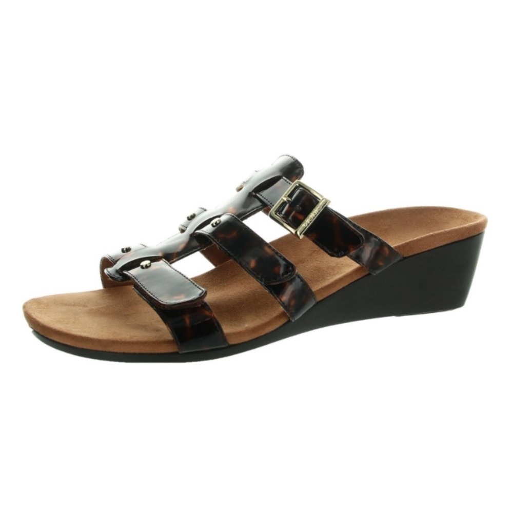 New Vionic Radia Wedge Heel Sandals Size 10 Tortoise Shell Black Brown Ajustable - Picture 13 of 13